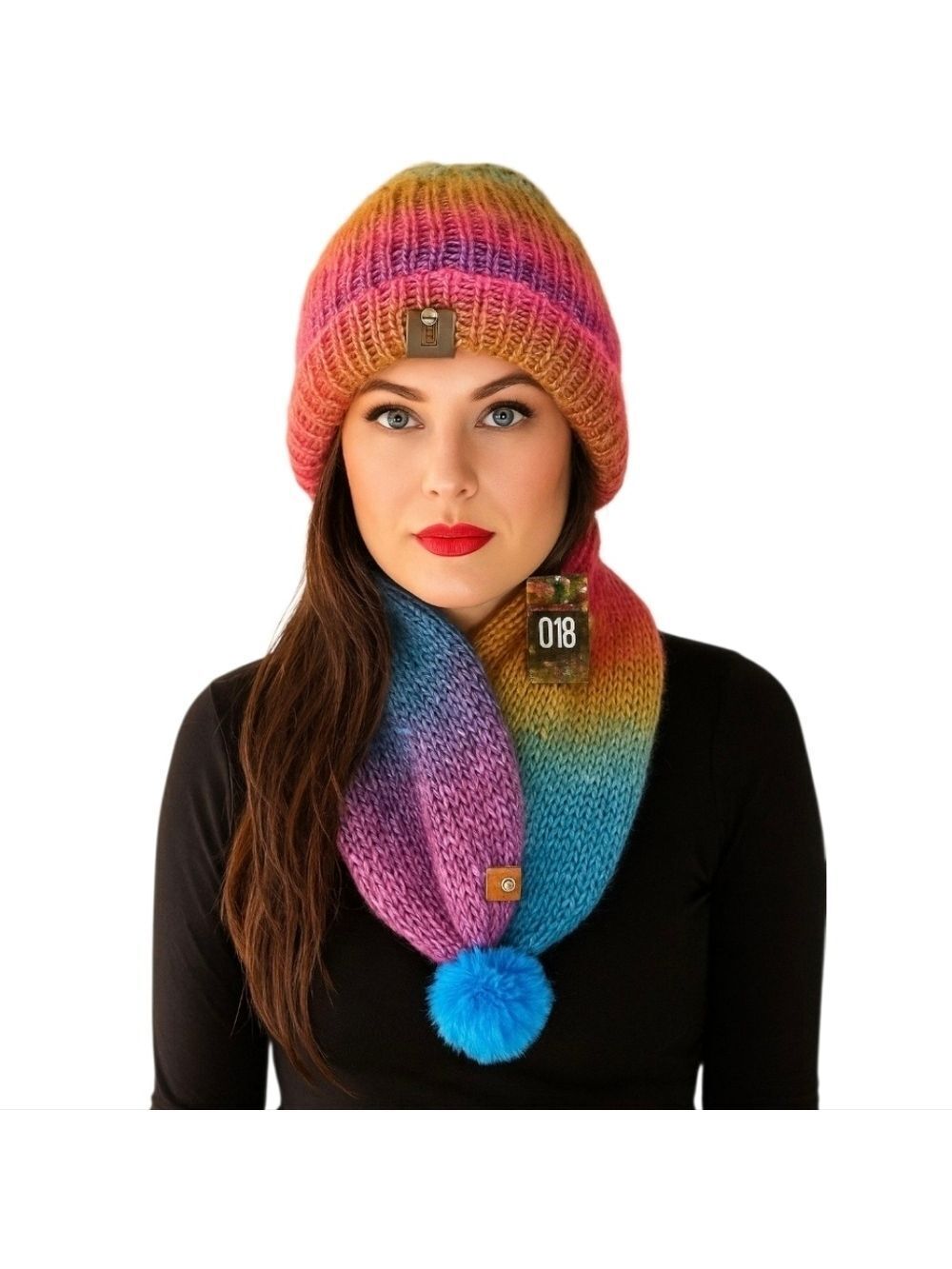 Hand Crafted Handmade Crochet Winter Set Reversible Scarf & Beanie Rainbow Color